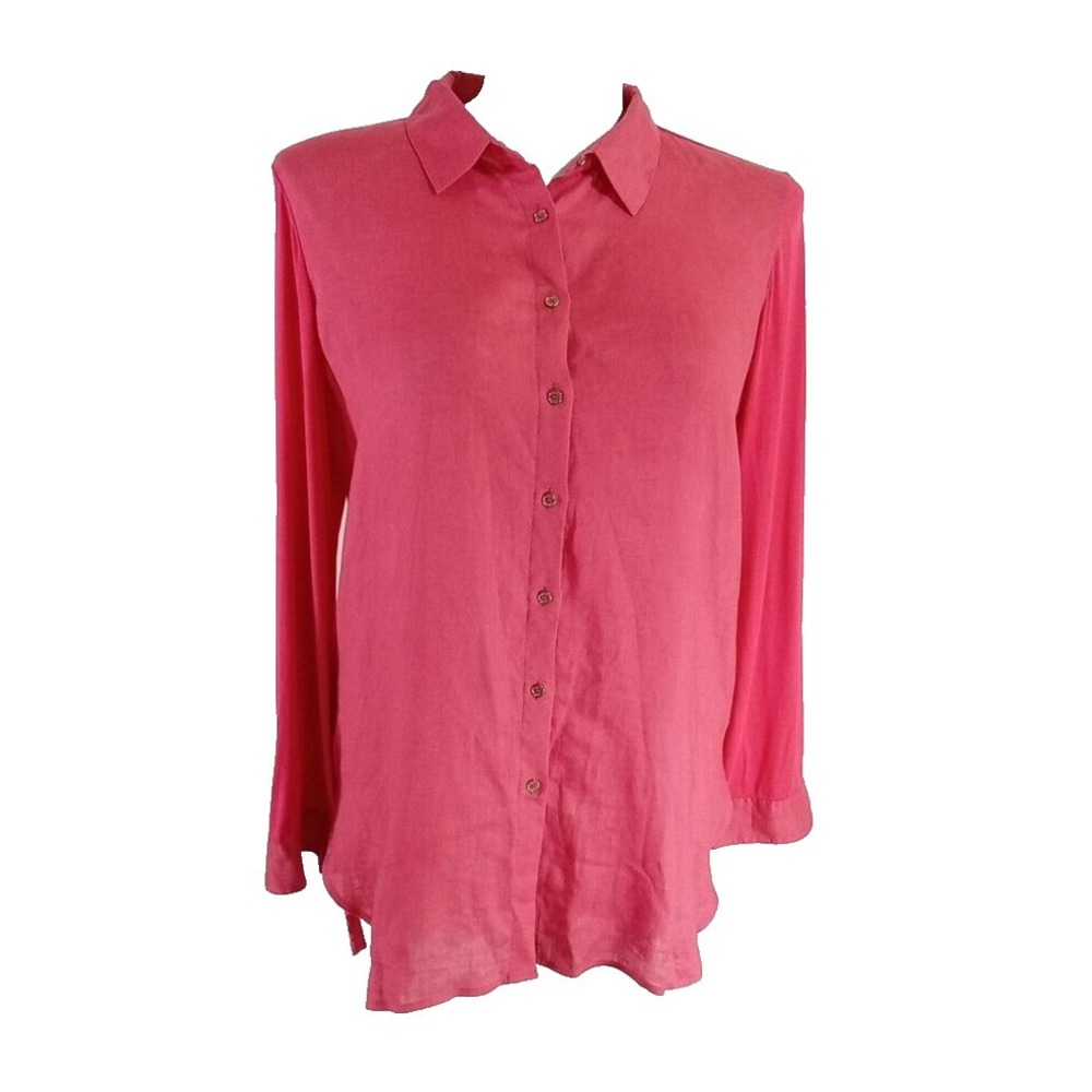 Calvin Klein Top Size XL Bright Pink Tunic Linen Front Rayon Back Long Roll Sl‎